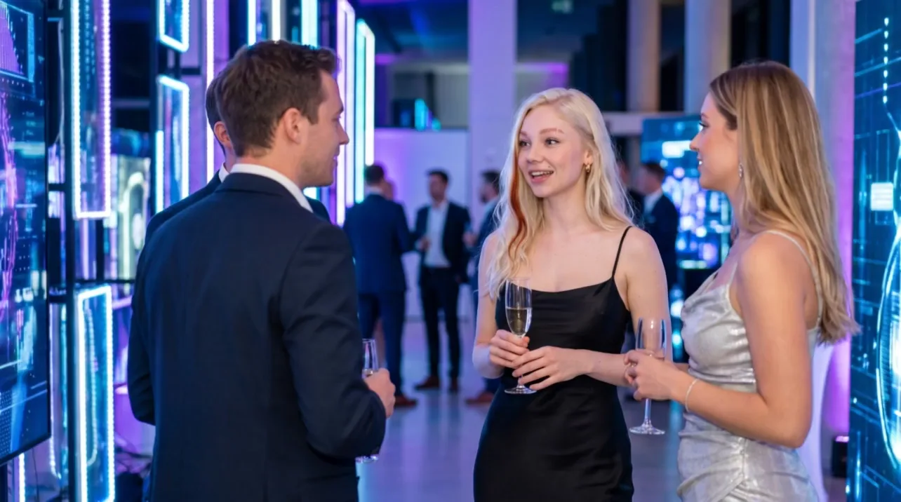 Katia Ryze, KI-generierte Figur, in Abendgarderobe an einer Gala
