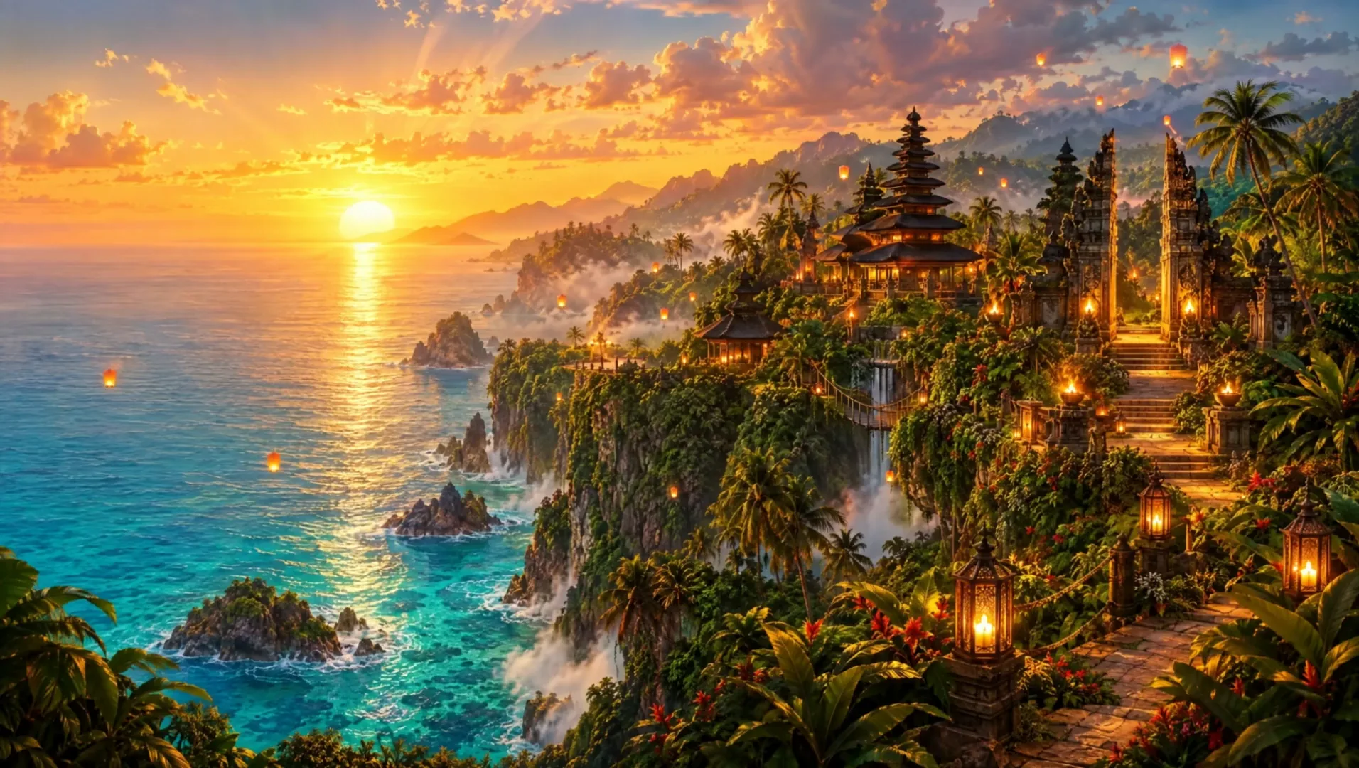 Vue aérienne d'un temple et d'un lagon au coucher du soleil, plan généré par IA