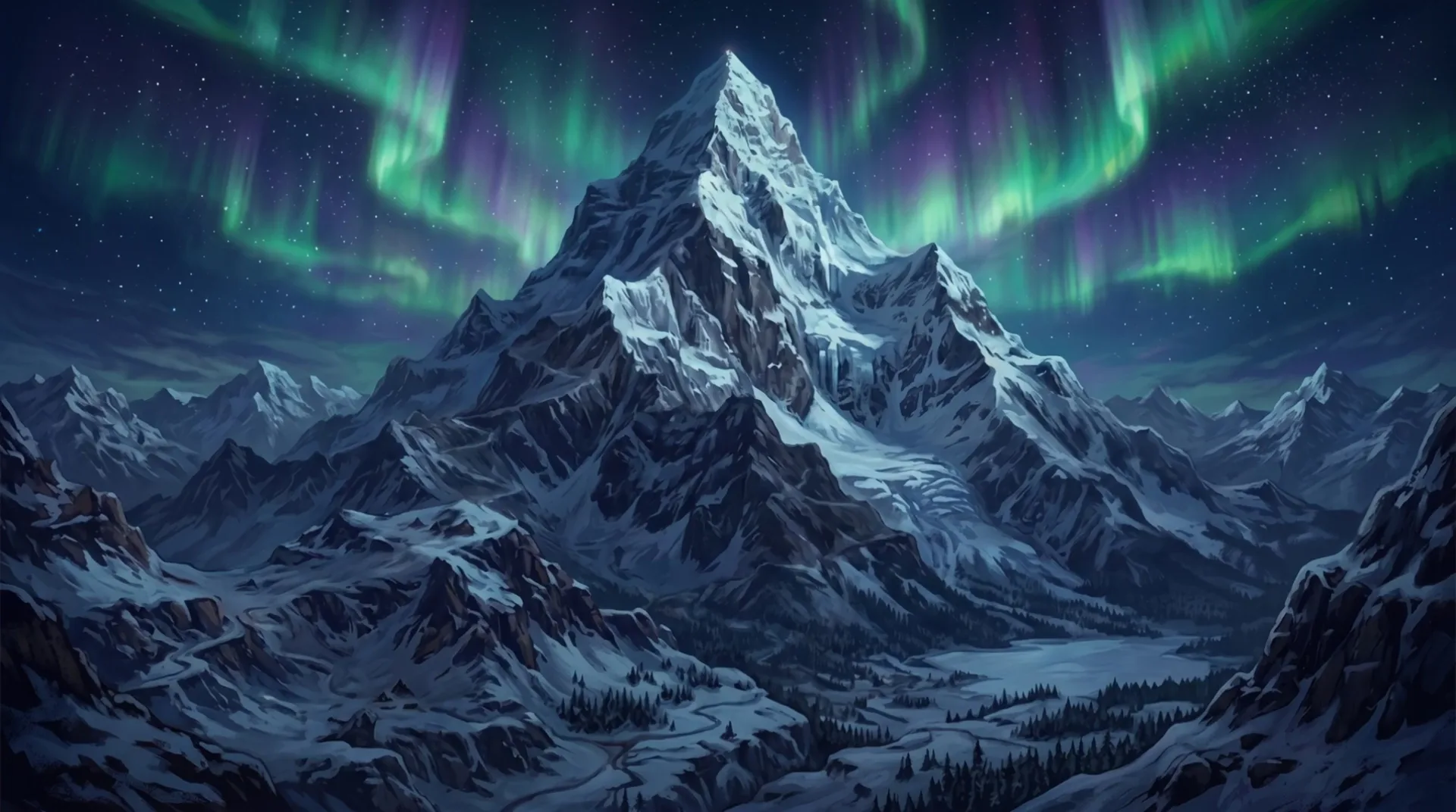 Snow-covered mountain under the northern lights, an imaginary-world shot generated by AI