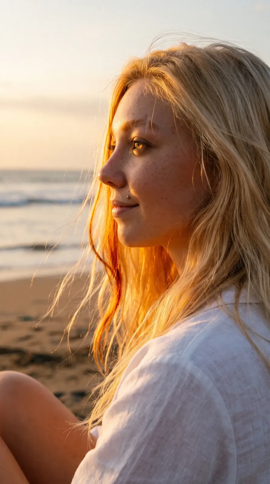 Katia Ryze im Profil an einem Strand bei Sonnenuntergang, KI-generiertes Bild für die Serie Toujours