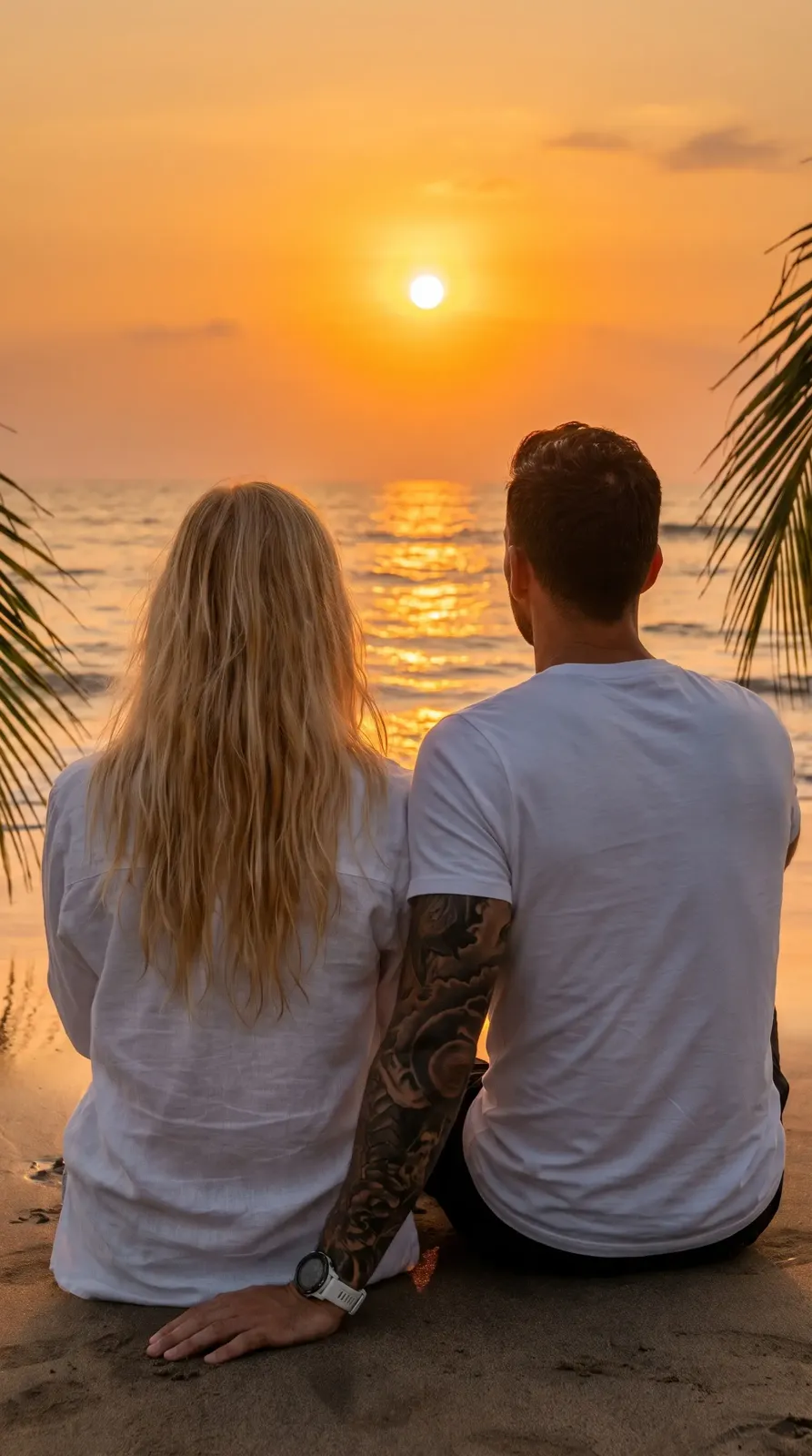 Ein Mann und eine Frau von hinten, am Strand von Bali vor dem Sonnenuntergang sitzend, KI-generiertes Bild